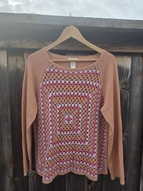 Sundance Crewneck Sweater with Pink, Mauve & Tan Crochet Front